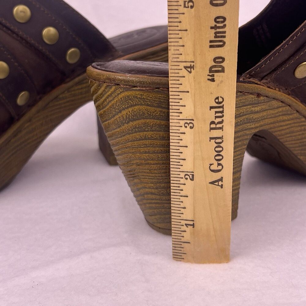 Born Brown Leather Platform Mules Chunky High Heel Clogs Studded Buckle Size 11 - Picture 13 of 16